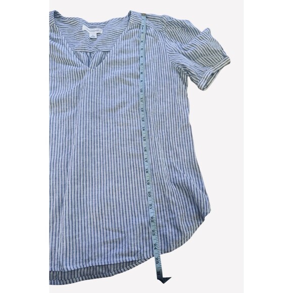 Treasure & Bond Blue White Striped Blouse Medium Split Neck Short Sleeve Top - Picture 5 of 6